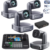 TONGVEO - Paquete de 4 Cámaras PTZ 4K con Zoom 20X, Seguimiento Automático por IA, Controlador de Joystick PTZ NDI, Interruptor POE para Transmisión en Vivo