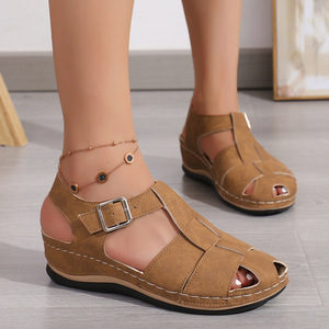 Women Closed-Toe Sandals Thick Sole Summer New Style Large Wedge Hollow Out European American Style Woven Beach Sandals - Product Image 1
