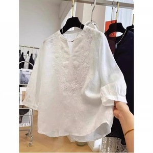 White Cotton Linen Embroidered 3/4 Sleeve Blouse Women Summer Casual Vintage Style Top - Product Image 4