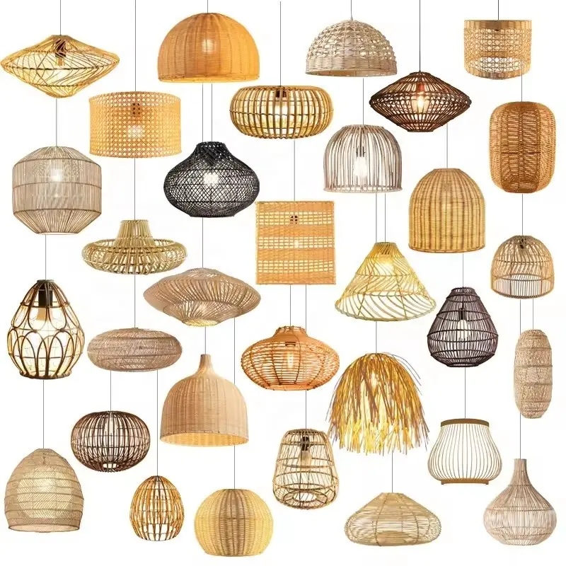 Japanese Styles Living Room Hanging Lampshade Rattan Pendant Light Covers Handwoven Rattan Lamps Antique Bamboo Chandelier Round
