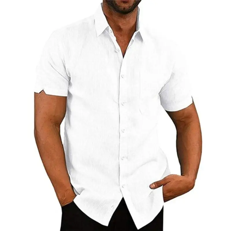 Camisas para hombre, camisa blanca de mezcla de lino y algodón para hombre, camisa informal con cuello Cuba personalizada, ropa para hombre, camiseta para hombre