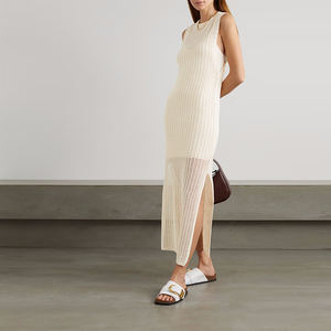 Abito lungo estivo in maglia all'uncinetto, vestibilità slim, senza maniche, abito casual da donna, abbigliamento femminile, spacco laterale, abito di tendenza estiva - Product Image 2