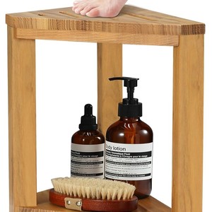 Étagère d'angle de salle de bain en bois massif, tabouret de douche triangulaire à deux niveaux, support de rangement étanche 38x36cm - Product Image 2