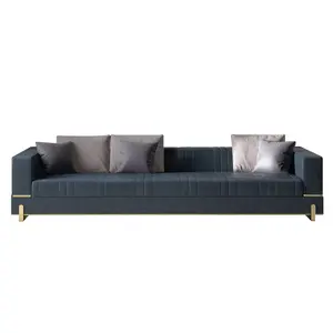 Sofá grande de terciopelo azul con patas doradas, cómodo, para sala de estar