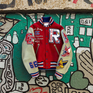 เสื้อแจ็กเก็ตบอมเบอร์สำหรับผู้ชาย, เสื้อแจ็กเก็ตบอมเบอร์สไตล์วินเทจปักด้วยผ้าขนสัตว์แขนเสื้อเบสบอลโลโก้ตามสั่งสำหรับฤดูหนาว - Product Image 3