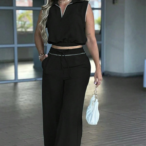 <b>Women's</b> Casual Sleeveless Collared Solid Color Top <b>Pockets</b> Imitation Drawstring <b>Trousers</b> Set <b>Black</b> Smlxl Cross-Border Europe - Product Image 1