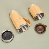 Mug Kopi Bambu Alami Dinding Ganda Stainless Steel, Termos Vakum, Tumbler Terisolasi, Cangkir Teh dengan Gagang, Tahan Panas 12-24 Jam