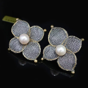 Original Design 14K Gold Filled Flower Pearl Earrings, Italian Metal Lace Craft 10-11mm High Luster Freshwater Pearl <b>Studs</b> - Product Image 2