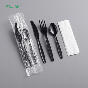 Heavy Weight Black Wrapped Disposable Plastic Cutlery Set With Napkin