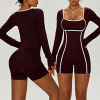 Combinaison de sport sans couture pour femme, motif léopard, manches longues, effet push-up, respirante et à séchage rapide, pour la gym, le yoga et l'entraînement