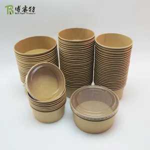 Eco-friendly Disposable Biodegradable Custom Logo Takeaway Food Container Packing Round Kraft Paper Salad Bowls With Lids