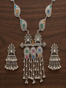 DIVYORO Ornate Oxidized Silver <b>Statement</b> <b>Necklace</b> with Multi Colored Teardrop Drops Vintage Bohemian Tribal Ethnic Fashion - Product Image 2