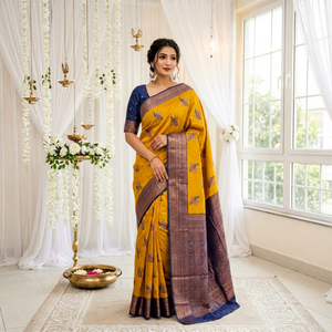 Sari en soie jaune à imprimé paon avec bordure bleue, tenue de mariage traditionnelle indienne pour femme, longueur au sol, sans plis, protection solaire - Product Image 1