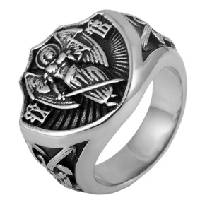 Anillo con escudo de San Miguel de Yunnique, color acero, joyería de moda para hombre, regalo, diseño geométrico - Product Image 5