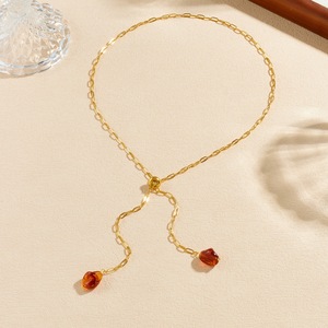 European American Fashion Retro Gold Plated Stainless Steel Geometric Pendant Necklace Brown Tassel Clavicle Chain Daily Party - Product Image 3