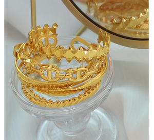 빈티지 스타일 조절 가능한 스테인리스 스틸 커프 팔찌 과장된 방수 주얼리 18k 금도금 커프 스태킹 팔찌 - Product Image 6