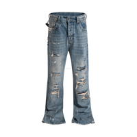 Jeans déchirés à jambe large et coupe bootcut, effet moustache vintage, éclaboussures de peinture, en denim, pour hommes, vente en gros de vêtements