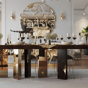 Mesa de Comedor Rectangular de Nogal Negro con Estructura de Acero Inoxidable Dorado Pulido para <span class=keywords><strong>Restaurante</strong></span> de Villa, Muebles de Comedor de Alta Gama - Product Image 2