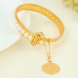 Dubai Fashion Women's Pearl <b>Bangle</b> Bracelet 21k Gold Plated Elegant Gold Beads Open <b>Bangles</b> with Coin Pendant - Product Image 3