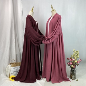 Popular Abaya Elastic Cuff Big Lantern Sleeves Pleated Design With Side Pockets Ramadan Muslim Women Modest Cardigan 1969# - Product Image 3