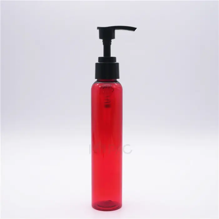 Pet/pcr runde Schulter schlanke Kunststoff 4oz Shampoo rote Flasche mit Pump anpassung