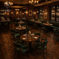 Ensemble de restaurant personnalisé Ron Group, banquette à dossier haut capitonnée, table ronde en bois massif, chaise ergonomique en cuir, mobilier commercial