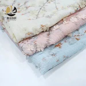 OEM accept in stock 3d flower applique print embroidery chiffon fabric