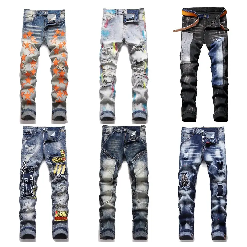Men's slim fashion jeans casual printed jeans ripped men's trousers