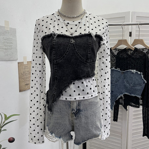 T-shirt a maniche lunghe con <span class=keywords><strong>frange</strong></span> irregolari in Denim GX-Plaid a rete in tessuto per snellire il corpo - Product Image 4