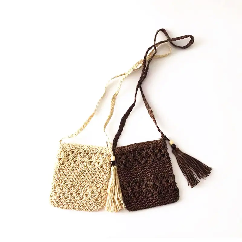 Ins Paper Hand made Hollow out Crochet Crossbody Straw bags with Tassel
