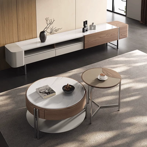 Tavolino da Caffè Moderno Rotondo con Piano <span class=keywords><strong>in</strong></span> Pietra Microcristallina e Combinazione <span class=keywords><strong>in</strong></span> <span class=keywords><strong>Legno</strong></span> per Soggiorno - Product Image 4