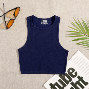 Haut court d'été pour femmes de haute qualité respirant côtelé <span class=keywords><strong>blanc</strong></span> Logo personnalisé impression broderie basique court haut tricoté pour femmes - Product Image 4