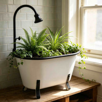 Jardinière en métal vintage en forme de baignoire blanche avec support noir, pot de fleurs pour salle de bain intérieure, jardin, ferme, décoration intérieure