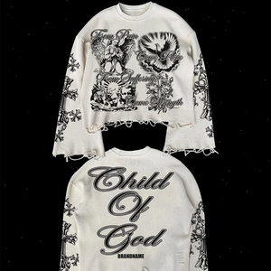 Camiseta gráfica DTG personalizada para hombre, ropa de calle de punto holgado de manga larga térmica de algodón Hip Hop, diseño personalizado de gran tamaño DTG - Product Image 2