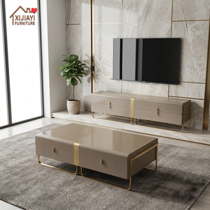 Luxuriöses Italienisches Modernes Graues Hochglanz-Lackiertes Leder-Couchtisch-Set Holzrahmen Schubladenspeicher Metall Wohnzimmermöbel - Product Image 1