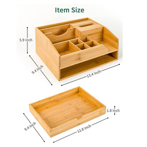 Organizador de escritorio de bambú con cajón, caja de almacenamiento multicompartimento de 34x24x15cm para papelería de oficina y pañuelos - Product Image 3