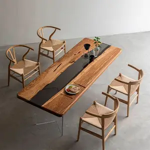 제조업체 직사각형 호두 나무 수지 슬래브 테이블 조명 다인용 좌석을위한 고급 가족 식탁