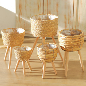 Handmade Woven Rattan Flower <b>Basket</b> With Wooden Legs For Home Decoration Balcony Plant Stand Craft Ornament - Product Image 3