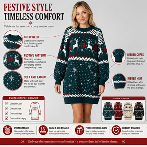 FNJIA Women Knit <strong>Christmas</strong> <strong>Dress</strong> Reindeer Snowflake Poinsettia Jacquard Crew Neck Women <strong>Dress</strong> Festive Knitwear OEM Custom Design - Product Image 4