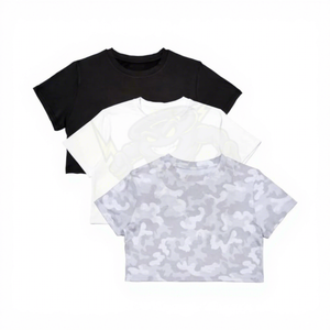 Camiseta Corta para Mujer, Color Sólido, Cuello Redondo, Manga Corta, Informal, Tejida, Corte Regular, para Todas las Temporadas, Azul Claro, Blanco, Negro - Product Image 5