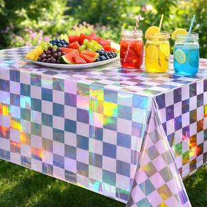 Iridescent Checkered PE Plastic Shiny Reusable Table Cover for Wedding Birthday Party Decorations <b>Tablecloth</b> - Product Image 4