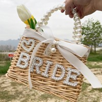 Boho mariée sac de plage sac de mariée sac de douche nuptiale perle mariée/mrs rotin tissé panier mariage enterrement de vie de jeune fille décorations