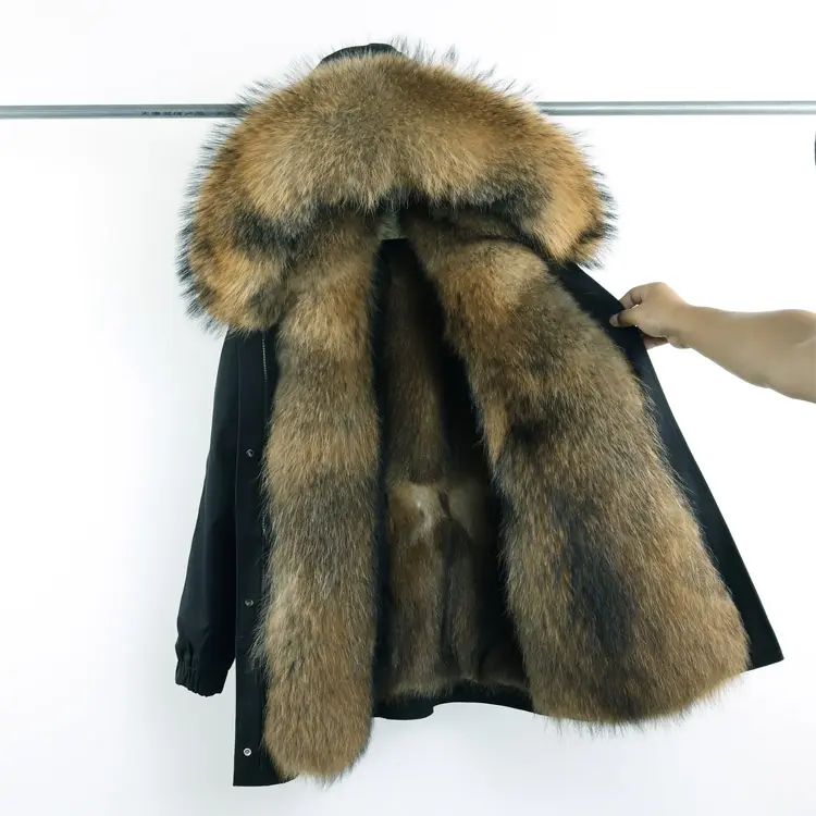 high quality fluffy thick real fur lining coat parka jacket with raccoon fur collar trim winter real fur parka women