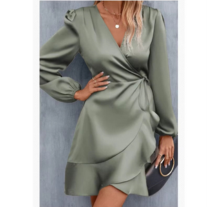 2026 Fashion Women Deep V-<b>Neck</b> Low-Cut Long Sleeve Satin Summer Casual Party Corset Dress - Product Image 1