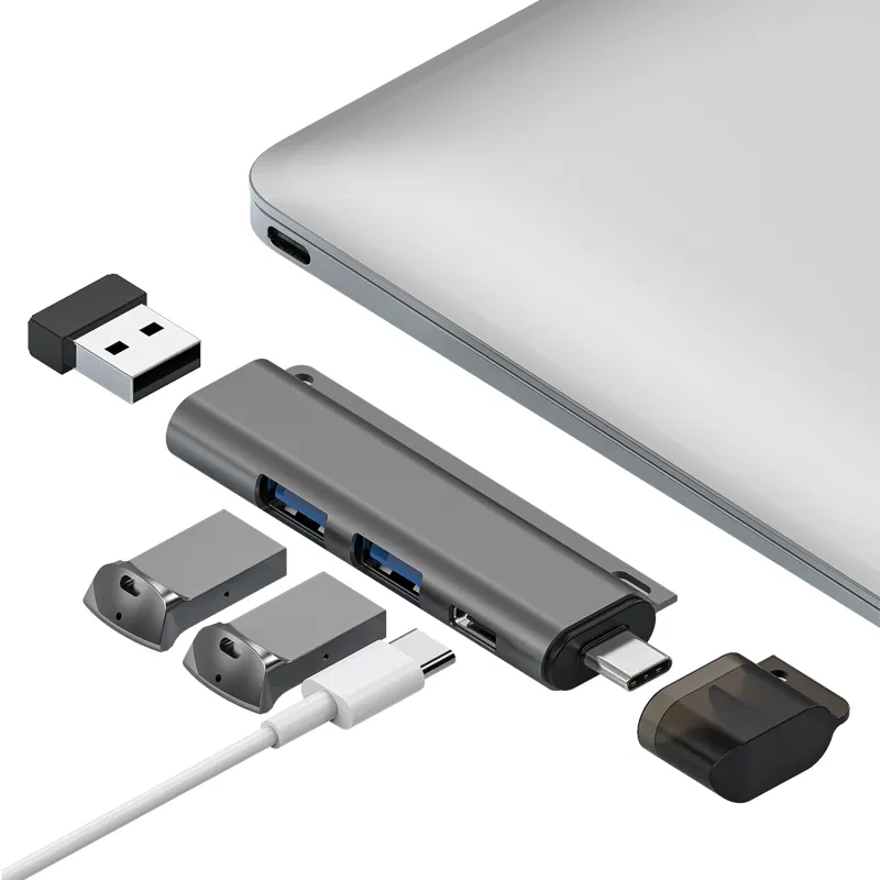 Adaptor Splitter USB Tipe C, Hub Splitter USB 3.0 untuk Laptop USB 3.0 Hub 4 Port USB C stasiun Dok Hub Otg pemisah adaptor 4 in 1 abu-abu 2-4