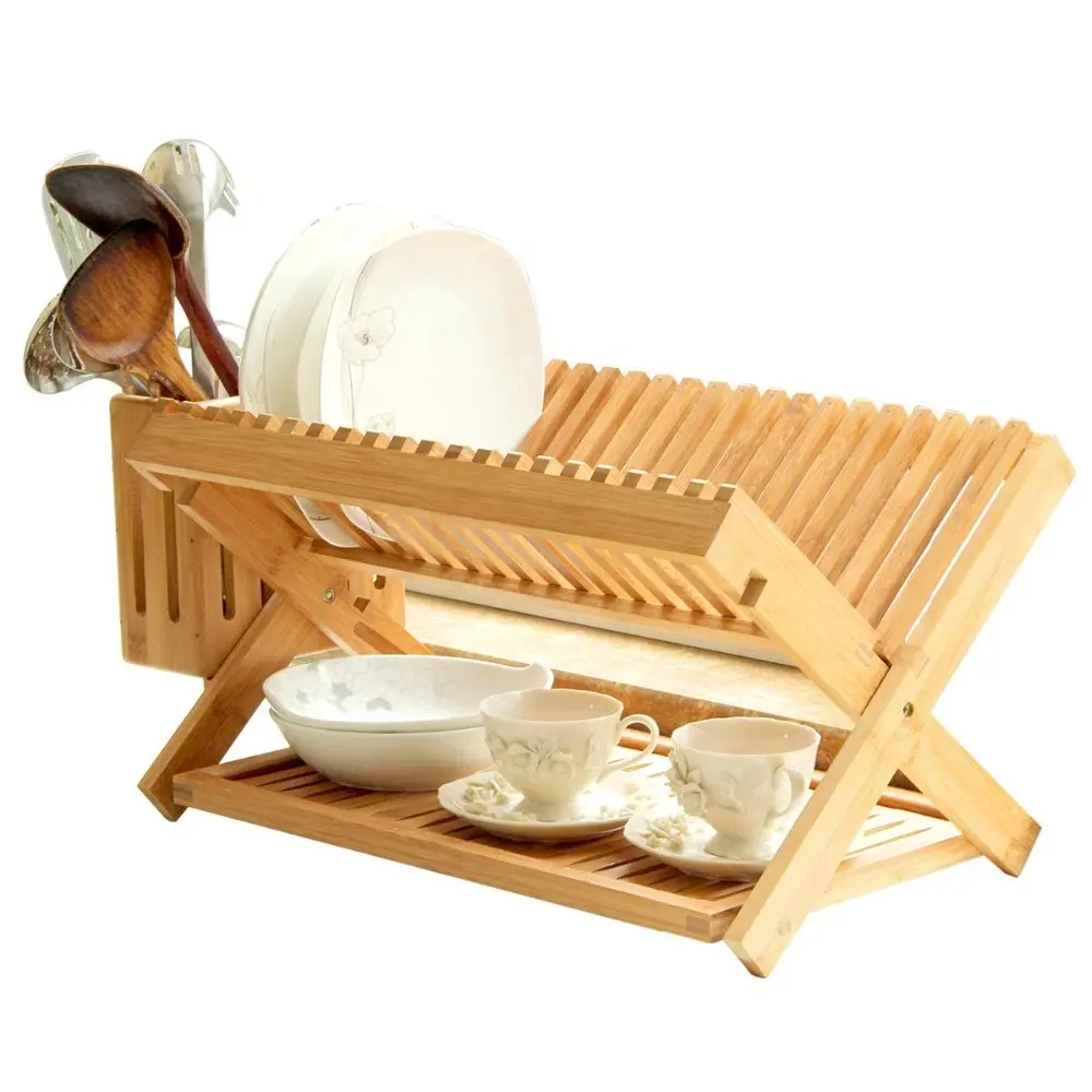 Bamboo Foldable Draining Rack Dish Drying Rack with 2-Tiers Dish Holder And Chopstick Rack