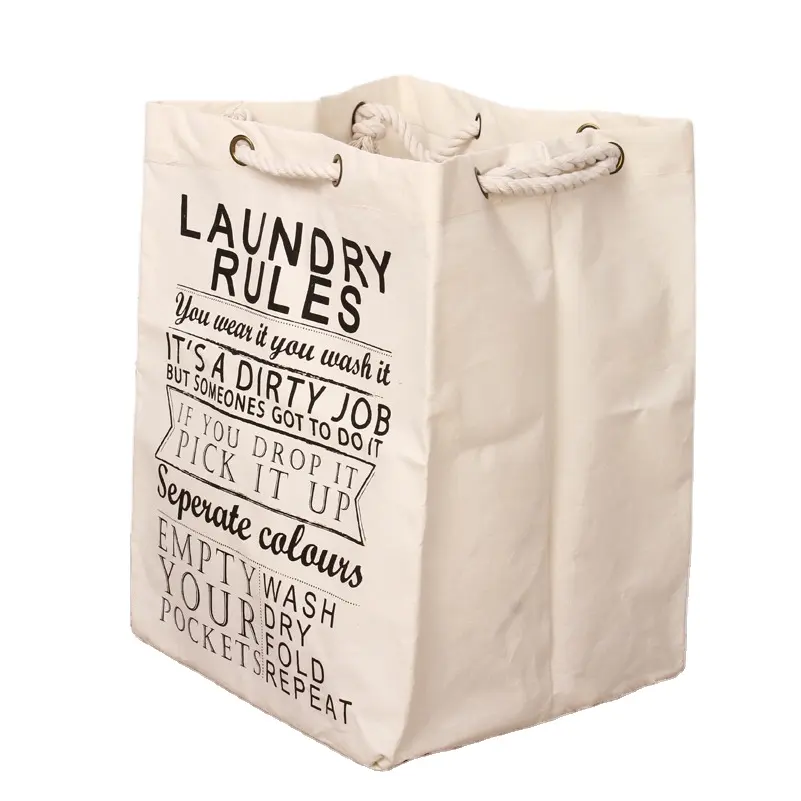 Bolsa de almacenamiento de ropa sucia de gran capacidad con logotipo impreso personalizado, cuerda de lino fuerte, cesta grande con asa