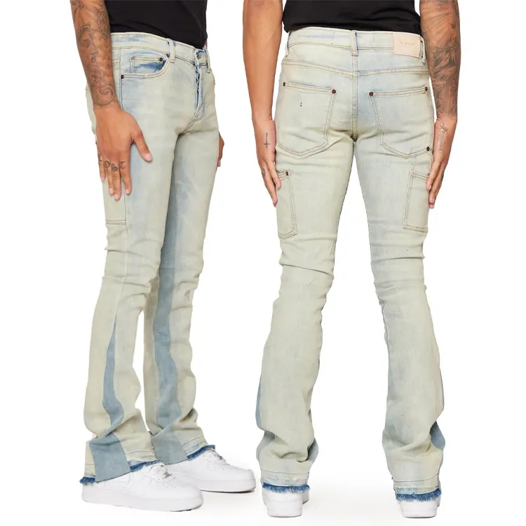 New fashion jeans pants men vintage Distress Hole Flare jeans Fit White Blue Denim Pants Custom stacked jeans for men