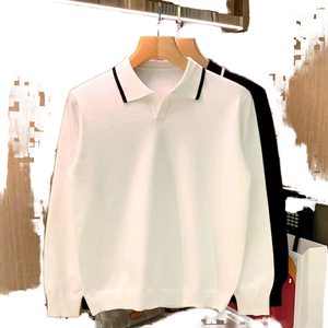 เสื้อถักสไตล์มินิมอลลำลองสำหรับผู้ชายสไตล์ยุโรปอเมริกัน แขนยาว คอปก สำหรับใส่คู่กับเสื้อเชิ้ต ผลิตจากโพลีเอสเตอร์/คอตตอน ไม่ต้องรีด - Product Image 1