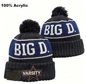 Gorro de Punto Retro Serie Big D City, Edición con Forro Polar Grueso, Gorro de Invierno con Pompón, Azul Marino/Plateado, Gorra Deportiva para Días de Partido - Product Image 2